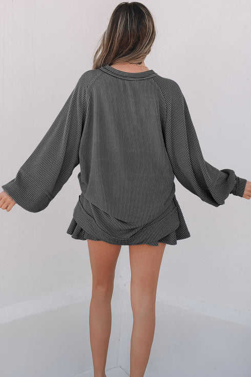 Corded Lantern Sleeve Top Ruffled Mini Skirt Two Piece Dress
